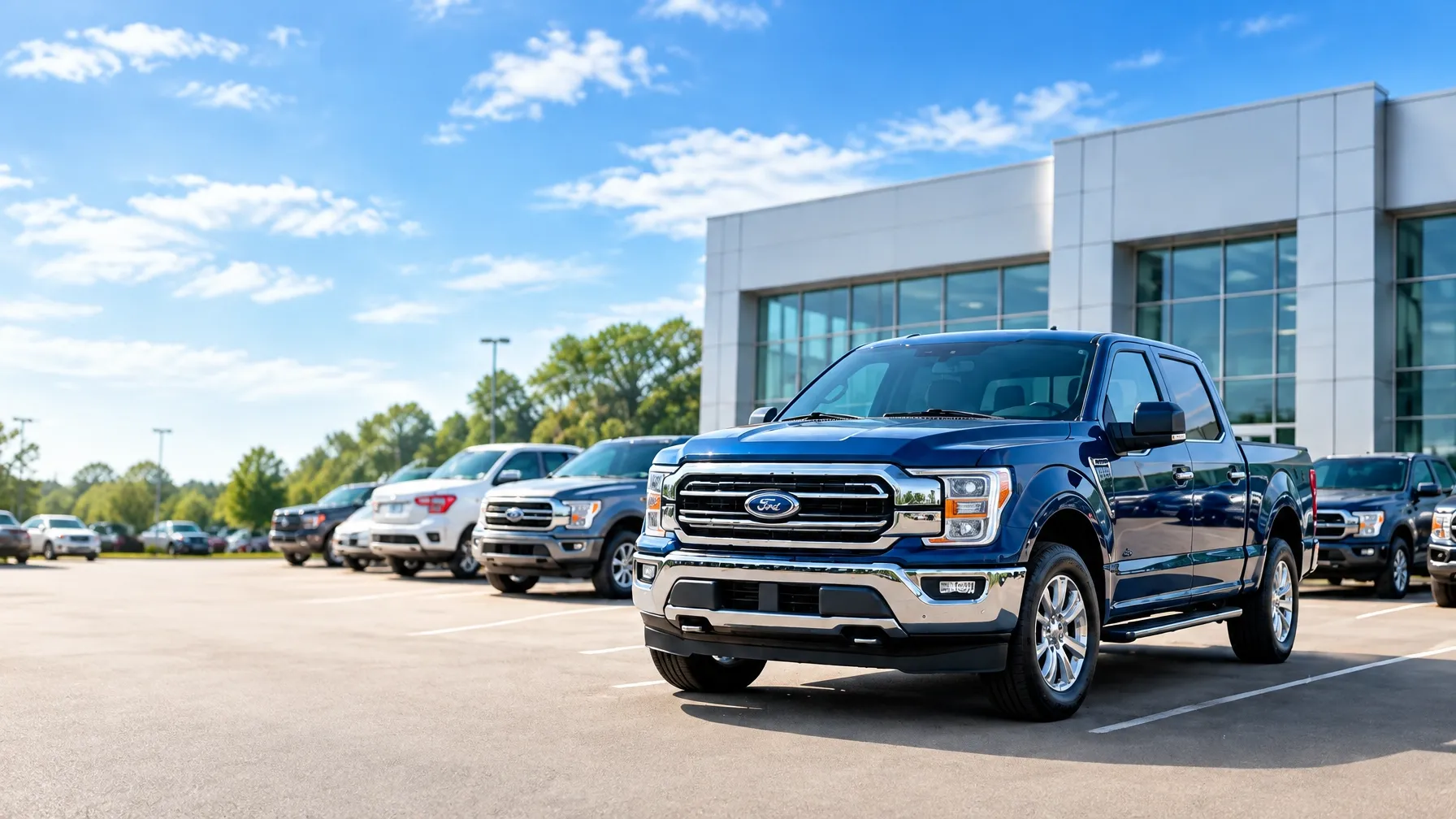 A blue Ford pickup on a sunny dealership lot
